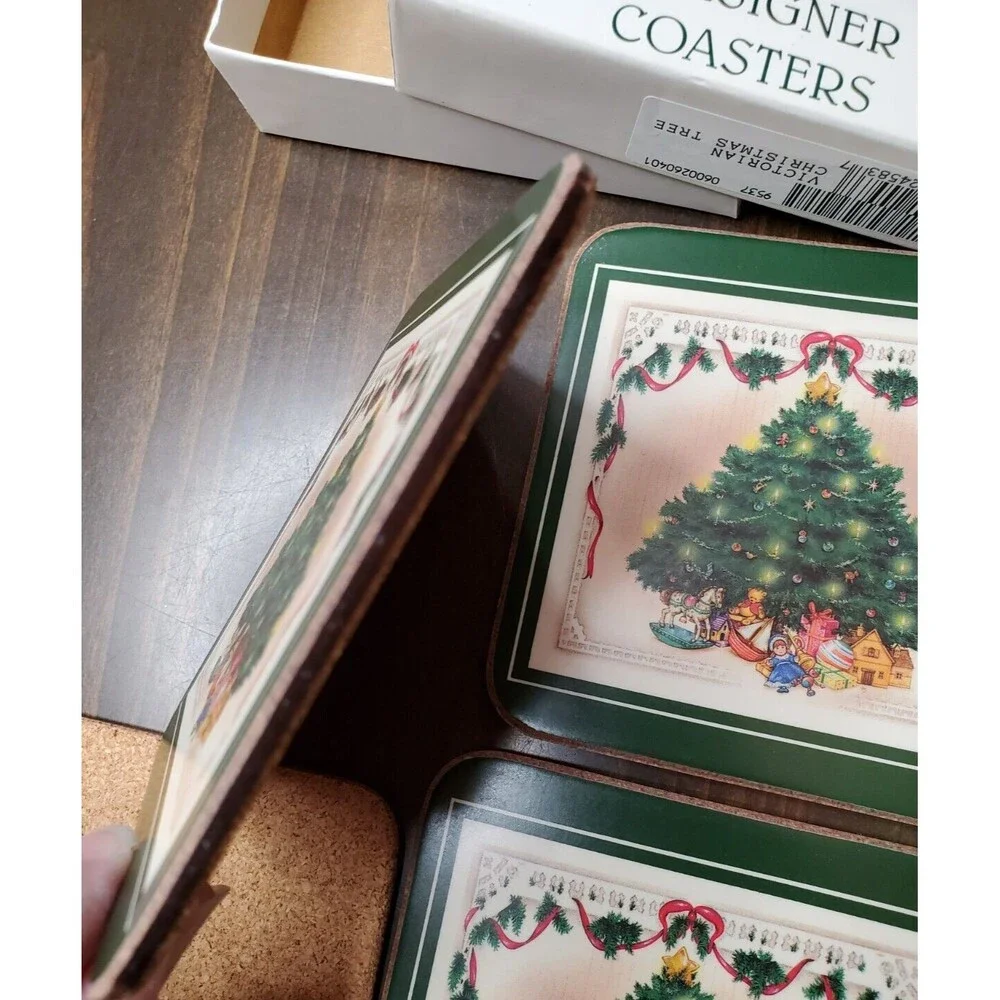 Victorian Christmas Tree Coasters Set of 6 Cork Back 4